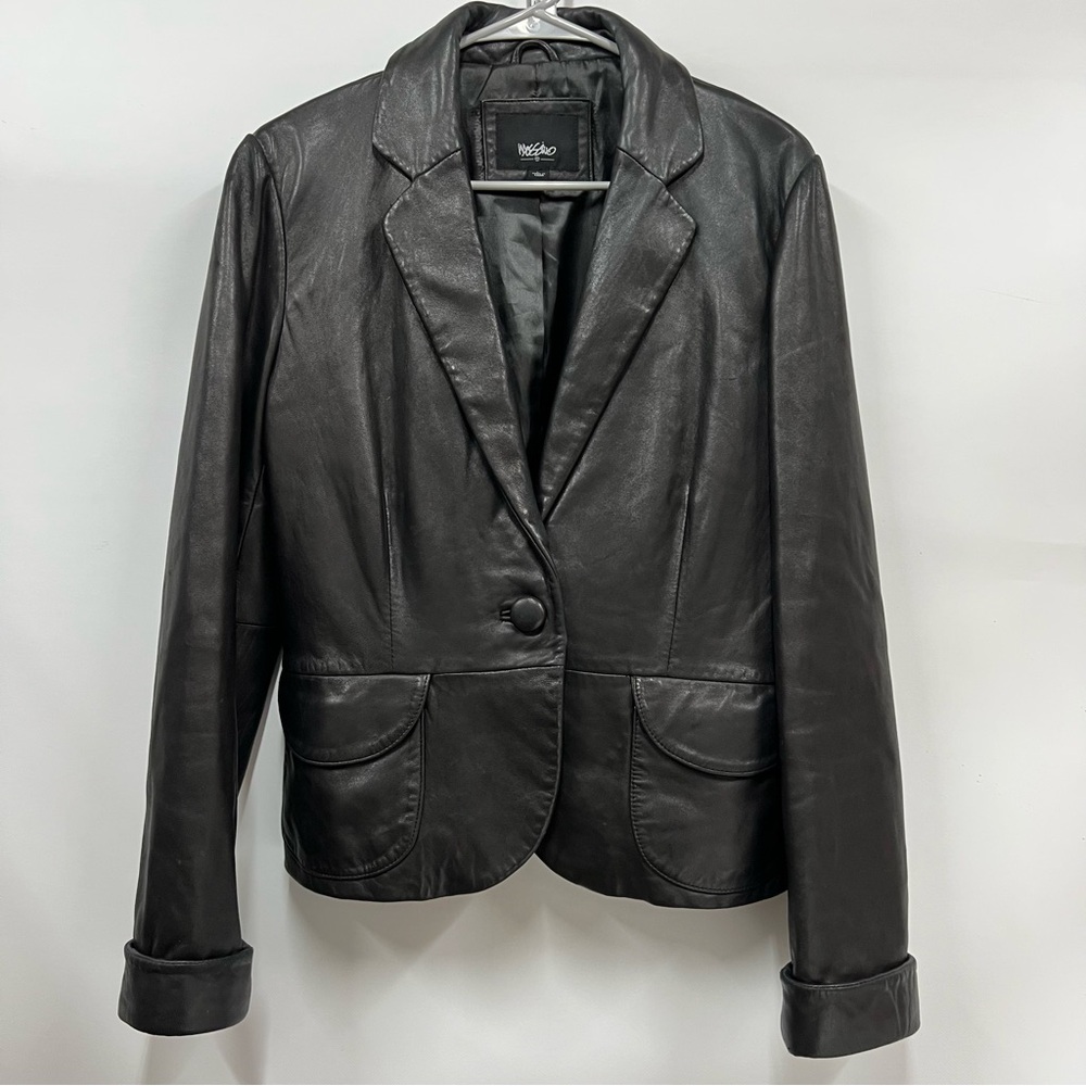 Black L Leather Women's blazer Jacket one button lined front pockets